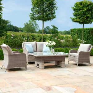 2 Seat Sofa Rattan Dining Set with Rising Table & Footstools